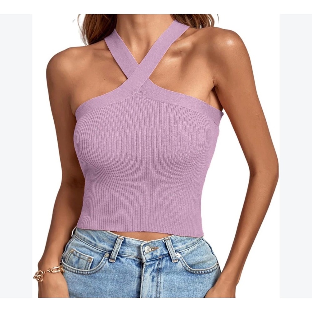 Babaton Sculpt Knit Criss Cross Tank Top Lilac Purple Medium Ribbed Cropped